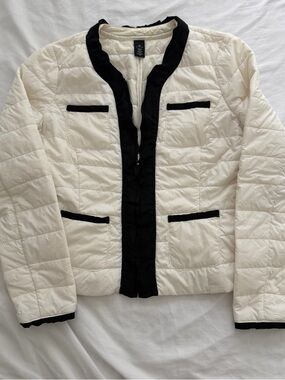 Cream Quilted Puffer Jacket with Black Trim